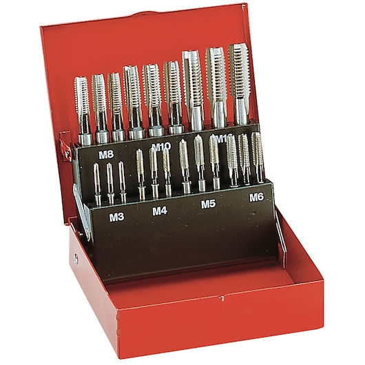 Facom 227_SJ1 tap set in red metal case, assorted sizes labeled M3 to M11, front angle on white background.