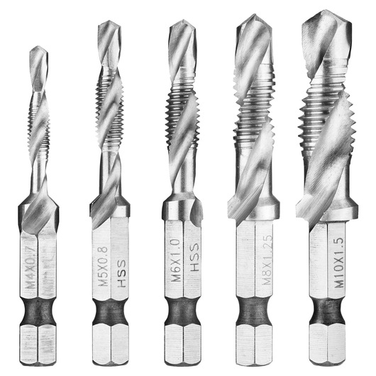 Facom 227H.J5PB set of five metal combination tap drill bits with hex shanks, front view on white background.