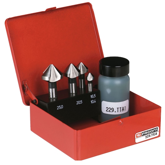 Facom 229_TTJ4 countersink set with four metal bits and oil bottle in red metal box, front angle.