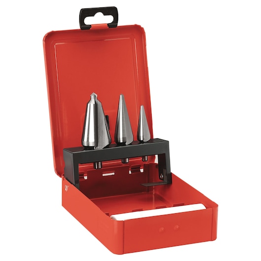 Facom 229AJ3 step drill bit set with three metal bits in a red case, front angle, white background.