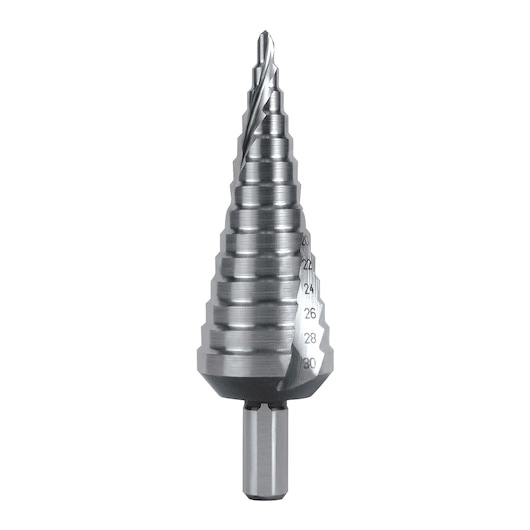 Facom 229A_ST0 step drill bit, silver metal, engraved size markings, front angle on white background.