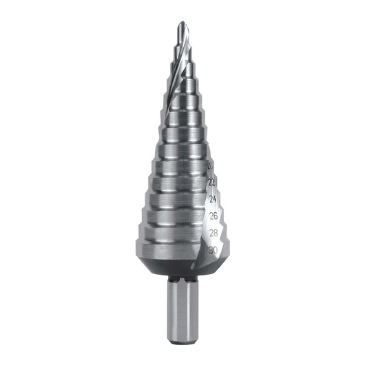 Facom 229A_ST2 step drill bit, silver, tapered design with engraved size markings, front angle.
