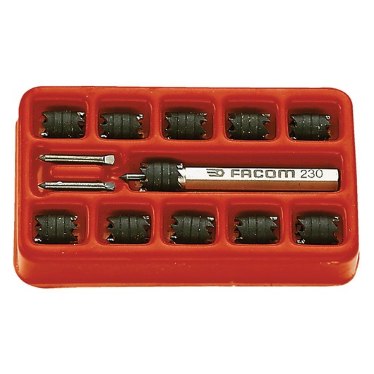 Facom 230_J1 screw extractor set in red plastic tray, top view, with multiple black extractors and handle.