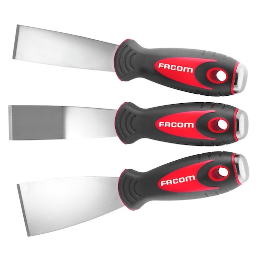 Facom 235.J1PB set of three putty knives with black and red ergonomic handles, side view on white background.