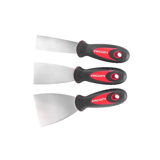 Facom 237_J1 set of three spatula scrapers with black and red handles, front angle on white background.