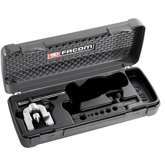 A Facom branded flaring tool kit in a hard black carrying case, containing metal tools and attachments for pipe flaring.