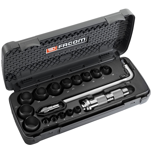 Facom 245.J1A socket and tool set in black hard case, sockets and accessories organized inside, photo angled above.