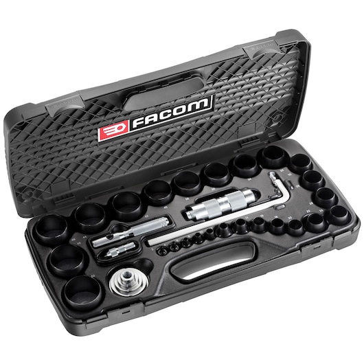Facom 245_J2A socket set in open black hard case, top view showing multiple sockets, ratchet, and accessories.