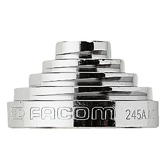 Facom 245AM3 chrome stepped ring spanner, side view on white background.