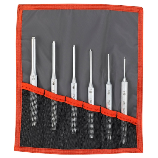 Photo of Facom 246JT6 pin punch set with six silver punches in a black and red roll-up pouch, top view.