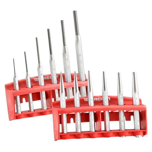 Facom punch and chisel set 247_249JS12 in red plastic holders, front angle on white background.
