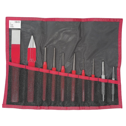 Facom punch and chisel set with red handles in black roll-up pouch, SKU 247_265JT10, front angle.