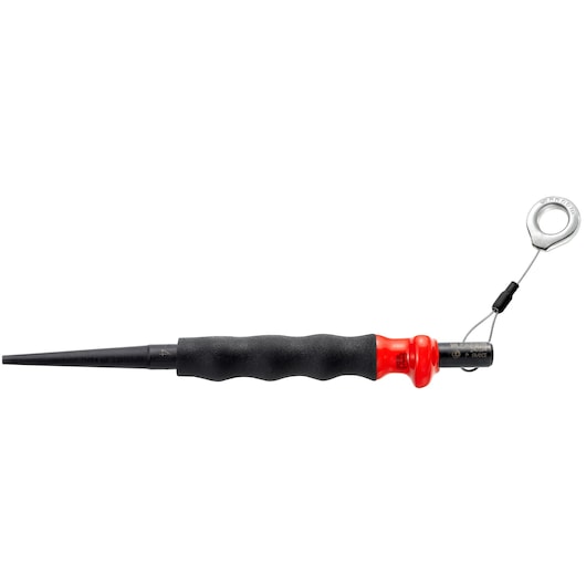 Facom 247_G4SLS tapered drift punch with black textured handle and red collar, lanyard and metal ring, side view.