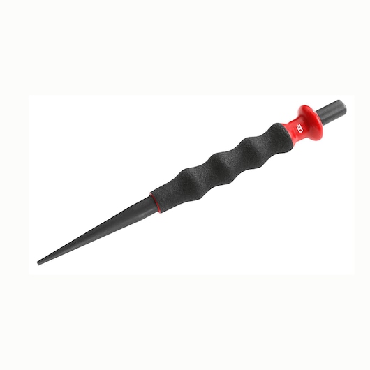 Facom 247_G5 hand-held tapered drift punch with textured black handle and red protective collar, side angle.