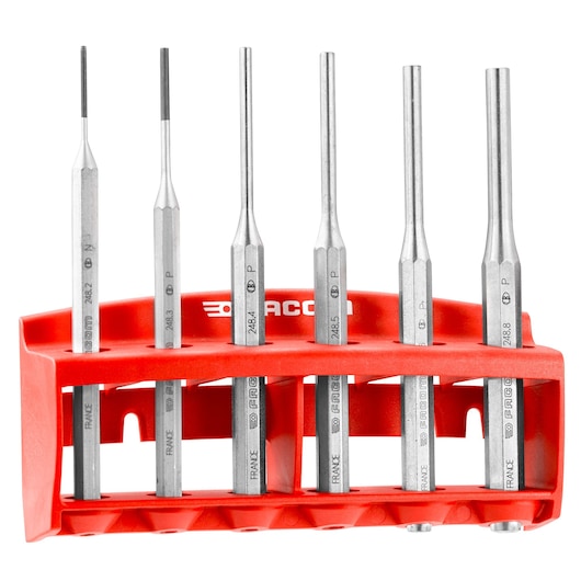 Facom 248JS6 punch set with six steel punches in a red plastic holder, front angle, white background.