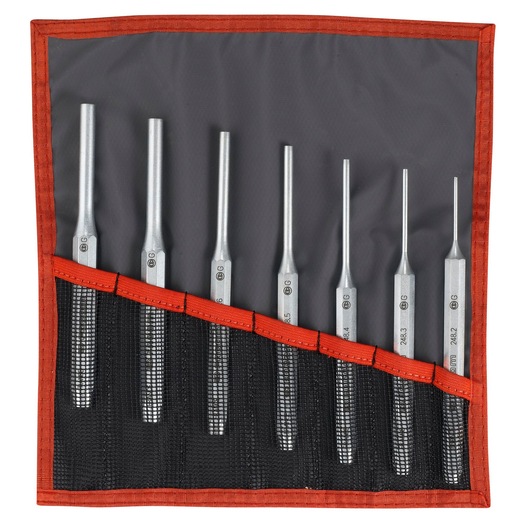 Facom 248JT7 set of seven metal pin punches in a black and red tool roll, top view.