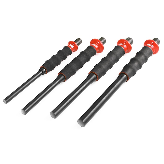 Facom 249_GJ4 round punch set with black textured handles and red collars, side angle on white background.