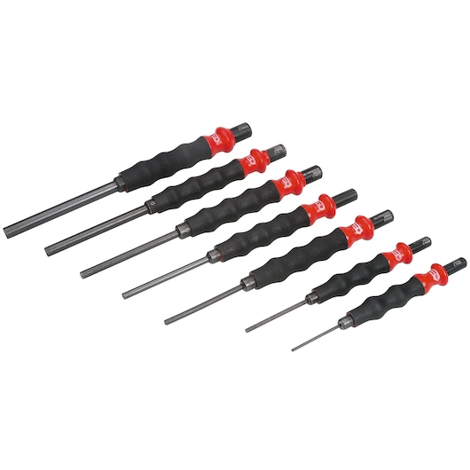 Facom 249GJ7 hex key set with seven black and red grip handles, arranged diagonally on white background.