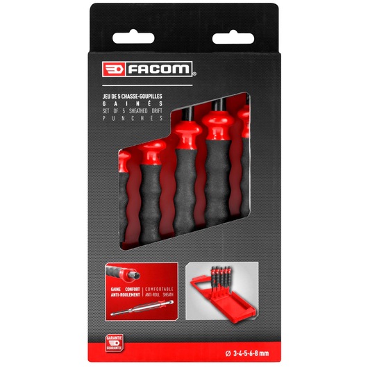 Facom 249GPB photography of sheathed drift punch set, five black and red tools, front view in packaging.