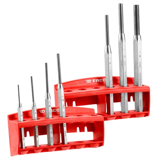 Photo of Facom 249JS7 punch set with metal tools in red plastic holders, front angle on white background.