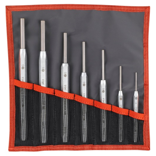Facom 249JT7 pin punch set of seven sizes in a gray and red fabric roll pouch, top-down angle.