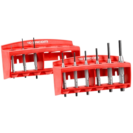 Facom 251AJS9 punch set with red plastic holders, nine metal punches, angled view on white background.