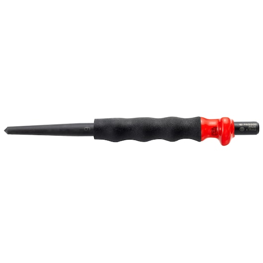 Facom 255_G10 tapered drift punch with black textured grip and red accent, side angle on white background.