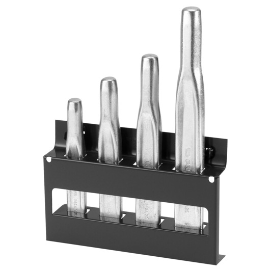 Facom 262A_JS4 set of four silver parallel pin punches in black metal holder, front angle.