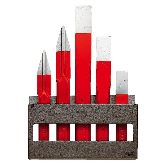 Facom 5-piece chisel and punch set, SKU 263_265JS5, red and silver tools in metal holder, front angle.