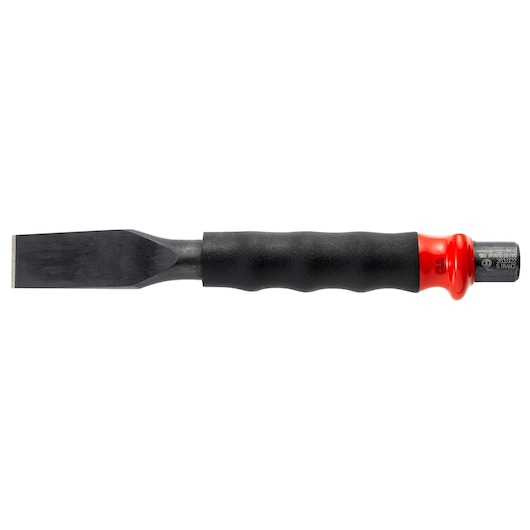 Facom 263_G19 cold chisel with wide black blade and ergonomic black handle, photography on white background.