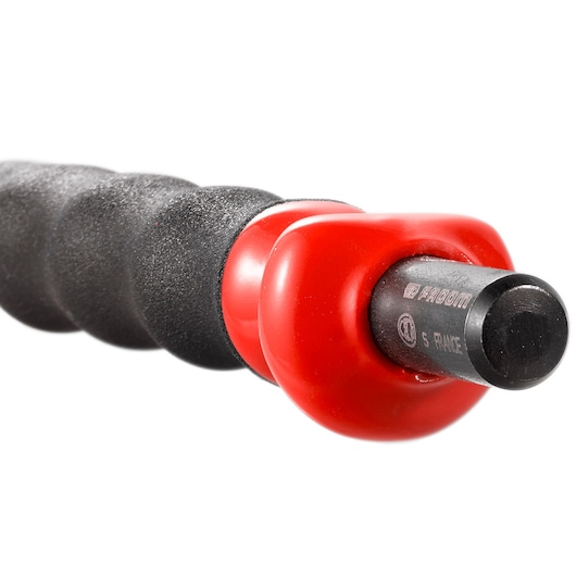 Facom 263G20SLS screwdriver close-up, black textured handle with red protective collar, white background.