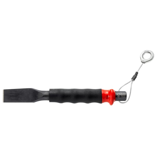 Facom 263G22SLS safety chisel with black blade, ergonomic black handle, red accent, and lanyard, side view.