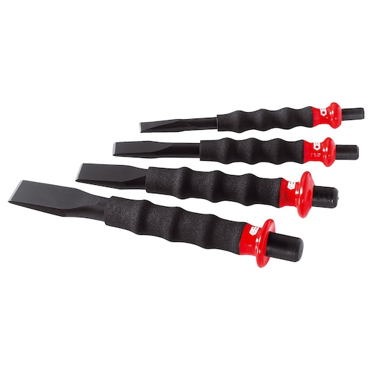 Facom 263_GJ4 chisel set with black textured handles and red guards, side angle on white background.