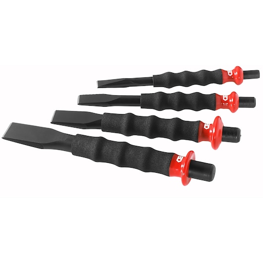 Facom 263GPB set of four black and red hand chisels with textured grips, side angle on white background.