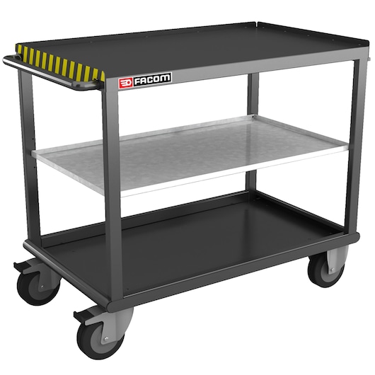 Facom 2702_TAB rolling tool cart with three shelves and yellow safety stripes, front angle on white.