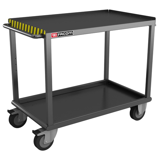 Facom 2702 steel utility cart with two shelves, black finish, four wheels, and yellow warning stripes, front angle.