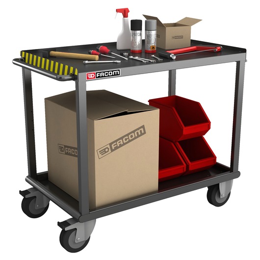 Facom 2702 workshop trolley with tools, spray bottles, cardboard box, and red storage bins on white background, angled view.