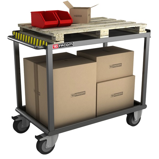 Facom 2702 warehouse trolley side view with boxes, red bins, and pallet on top shelf.
