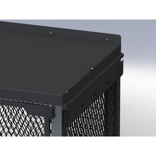 Facom 2702 black metal mesh cabinet corner, photography of top and side panels, white background.