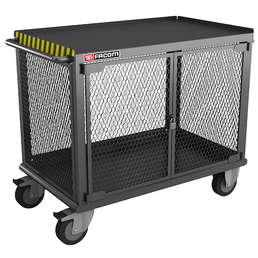 Facom 2703 mesh utility cart with locking doors, black metal frame and four wheels, front angle.
