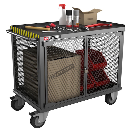 Facom 2703 metal mesh storage cart with tools and cleaning supplies, cardboard box, and bins, front angle, white background.