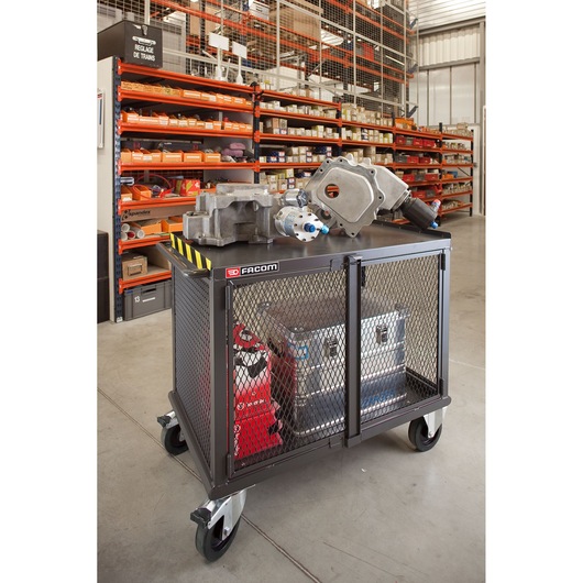 Facom 2703 industrial mesh rolling cart with large wheels, metal storage boxes and equipment, front angle.