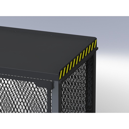Facom industrial metal cabinet corner with black mesh sides, yellow-black safety stripes, 2703, front angle.