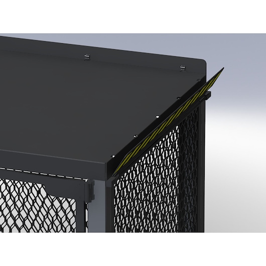 Facom 2703 black mesh cabinet corner with yellow-striped safety edge, front angle view.