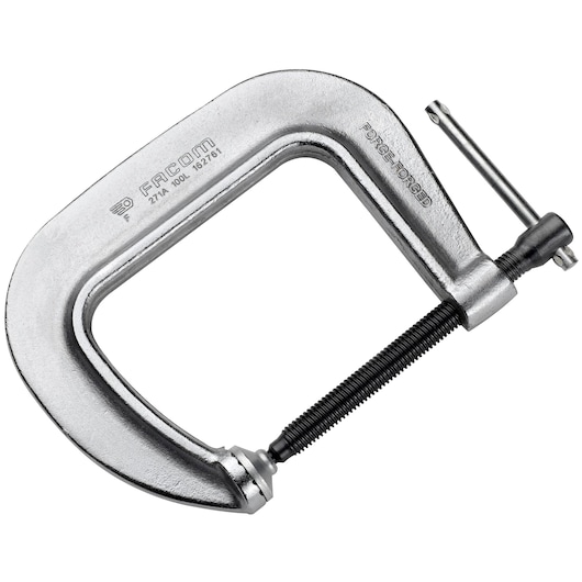 Facom 271A_150L C-clamp with forged steel body and black threaded screw, side angle on white background.