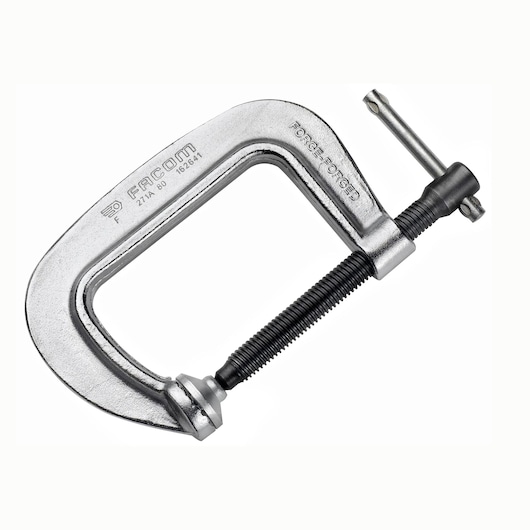 Facom 271A_150 steel C-clamp, side angle, with threaded screw and handle, on white background.