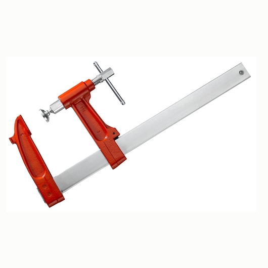 Photo of Facom 272_1000L metal bar clamp with red handle and silver bar, side angle on white background.