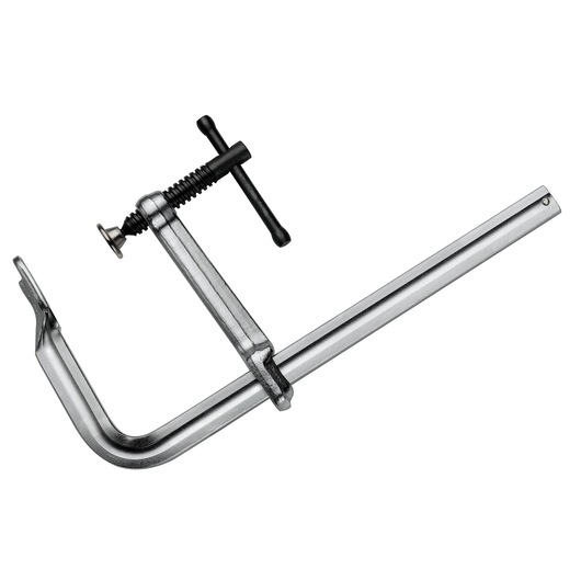 Facom 274200 photography of metal F-clamp with black screw handle, side angle on white background.