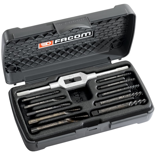 Photo of Facom 285_J10 tap and die set in a gray plastic case, open to display multiple drill bits and a tap wrench.