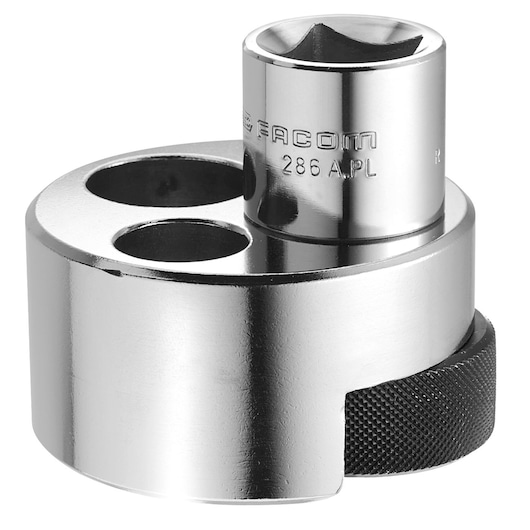Facom 286A socket adapter, metallic finish, cylindrical shape, photographed on white background, front angle.